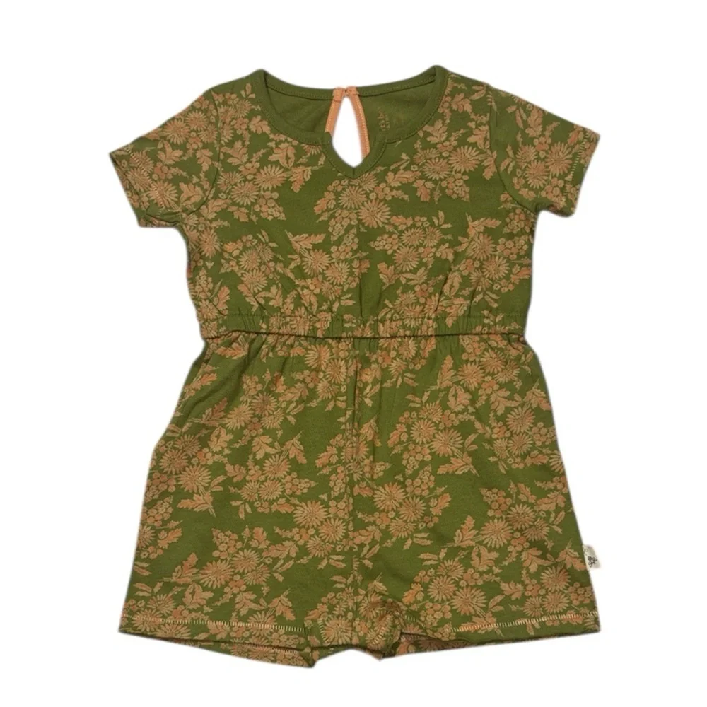 Burt's Bees Girl’s Floral Romper, green, peach, cotton, 2T